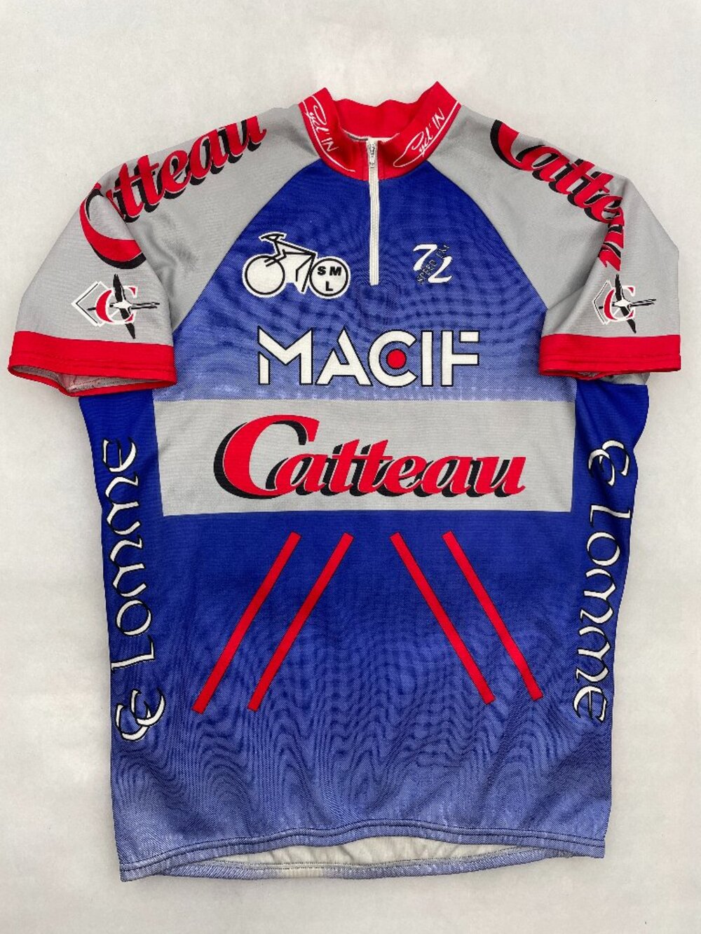 Vintage 90s Cycling Jersey Speed LM MACIF Catteau France Blue Gray Bike Men's L